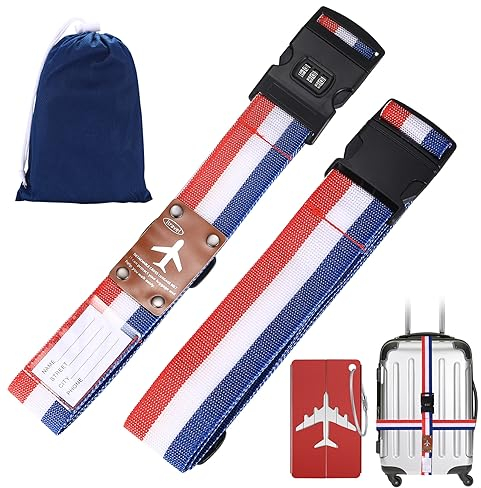 2 Pièces Sangles Valises, Sangles de Bagages Réglables, Sangle Valise Voyage avec Fente de Verrouillage par Mot de Passe, Porte-nom Rouge,Blanc,Bleu