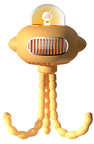 Mini Blattloser Ventilator für Kinderwagen, Tragbarer Tischventilator Octopus Wiederaufladbarer USB Handventilator Leise Persönlicher Clip-On Lüfter mit Nachtlicht für Baby Student Geschenk Yellow