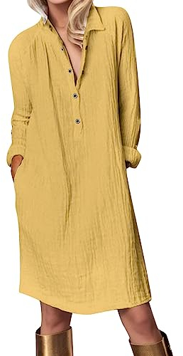 Damen Lange Leinenkleid Langarm Sommer mit Knopfleiste Kurzarm V-Ausschnitt Sommerkleid Knielang Leinenkleider Baumwolle Leinen Casual Freizeitkleid Strandkleider Boho Kleid A-Linie Kleid, XXL, Gelb