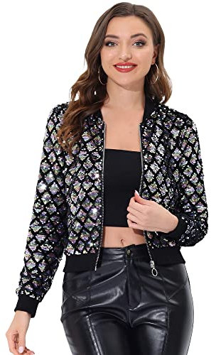 Allegra K Damen Party Glitzerjacke Bomberjacke Pailletten Glitzer Langarm Reißverschluss Club Kurze Jacke Splitter Rosa S