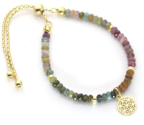 Filigranes Armband für Damen aus Turmalin mit Lebensblume, Multi Color, 3 mm facettiert, verstellbar