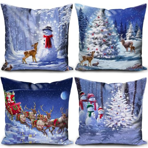 KUNQIAN Christmas Cushion Covers Xmas Cushions Blue Santa Claus Snowman Winter Pillow Cover 18x18 Inch Set of 4 Throw Pillow Case Christmas Decorative For Sofa Living Room Home 45x45cm