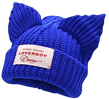 VPTMRP Niedliche Katzenohren-Mütze Cat Ear Beanie Strickmütze Warme Slouchy Häkelmütze (Blau)