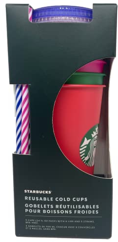 STARBUCKS Lot de 5 tasses froides réutilisables avec couvercle et paille, ventilé, 709 ml