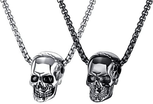 Weenkeey 2 Stück Totenkopf Halskette Schädel Anhänger Halskette Gothic Punk Rock Hip Hop Anhänger Halskette für Männer Damen - Schwarz Silber