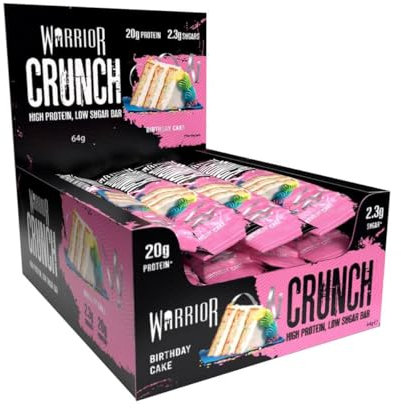 Warrior Crunch - High Protein Bars - 20g Protein Each Bar - Low Carb, Low Sugar Snack - 12 Pack x 64g (Birthday Cake)