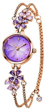 SURVAN WatchDesigner Uhr Damen Exquisite Armreif Armband Minilistisch Stil Diamant Zifferblatt Blatt Förmig Kristall Glas Rund Uhrengehäuse Alltag und Jubiläum geeignet (Lila)