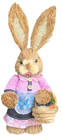 Sharplace Easter Bunny Ornament 13inch Hand Woven Easter Bunny Figurine Artificial Easter Rabbit Statue Standing Rabbit Figurine for Office Desktop Farmhouse Party Home Decoration, C