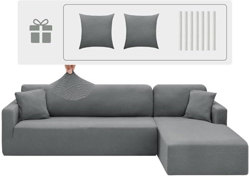 CHELZEN Elastische Peninsula Sofabezug, 2-Stucke Couchbezug Links/rechts Ecke, Chaise Longue Sofa Überwürfe mit Zwei Kissenbezügen, L Form Halbinsel Sofa Bezüge (2 Sitzer+3 Sitzer, Hellgrau)