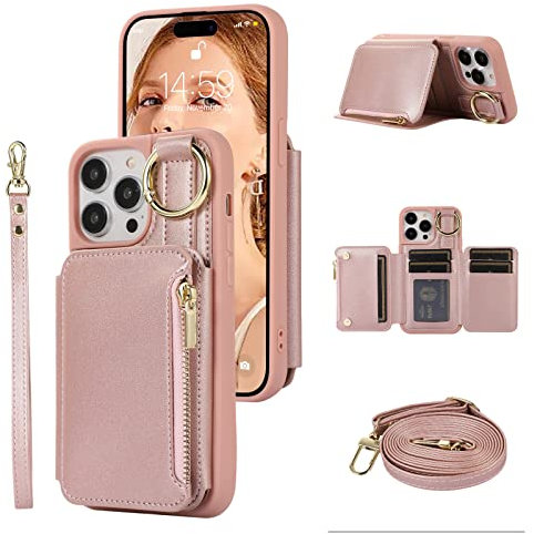 SINQERISHT Handykette Handyhülle für Apple iPhone 7 Plus/8 Plus Wallet Hülle PU Leder mit Reißverschluss Kartenfach Ständer & Ring & Armband Handytasche Magnetverschluss Schutzhülle(Roségold)