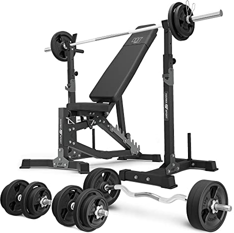 Marbo Sport Set MS30_2.0_113KG_G | Doppelseitig verstellbare Hantelbank + Hantelablage (2 Stück) mit Sicherung + Stangen- und Hantelscheiben gummiert Set 113 kg | Made in EU