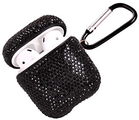 Sparkly Diamond Case for AirPods with Keychain, Shockproof Protective Premium Bling Rhinestone Cover Skin Compatible with AirPods Charging Case 2 & 1 (Black)
