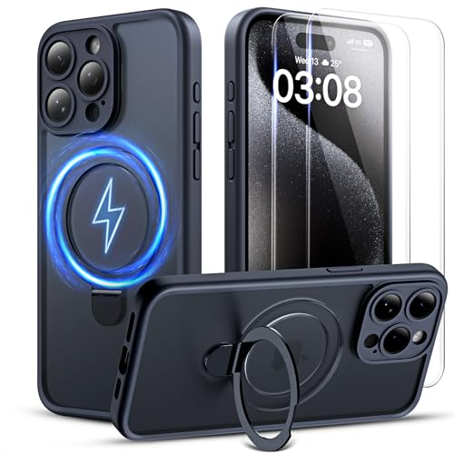 TOCOL für iPhone 15 Pro Max Hülle für Magsafe, Vollständiger Kameraschutz Stoßfest Kratzfest Transluzente Rückseite Magnetisch Handyhülle für iPhone 15 Pro Max Case, Ständer