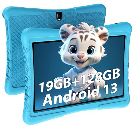 LNMBBS Tablet Niños 10 Pulgadas Android 13 Tableta con 19GB RAM+128GB ROM (TF 512) HD IPS Display, 5MP+8MP, Tableta Infantil con Wi-Fi|BT4.2|8000mAh -Protective Antichoque Eva Estuche Protector -Azul