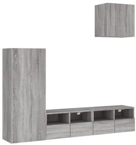 vidaXL Wohnwand 4-TLG., Schrankwand mit viel Stauraum, Wandmontage Anbauwand Fernsehschrank, Wohnzimmer Set Wandschrank, Grau Sonoma Holzwerkstoff