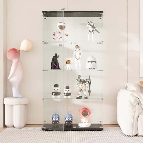 AUFHELLEN Glasvitrine Standvitrine in Schwarz, 164x80x36.5CM Modern Glas Holz Vitrine Sammlervitrine Vitrinenschrank mit 4 Böden aus ESG für Sammlerstücke Bücher Wein, für Büro Wohnzimmer Küche
