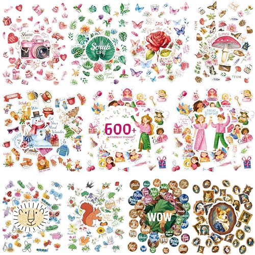 600+PCS Stickers, Colorful Water/Tear Resistant Vinyl Art Stickers Remove Without Residue for Laptop Skateboard Suitcase Computer Phone Planner VSCO Adults Girls Women (20 Sheets)