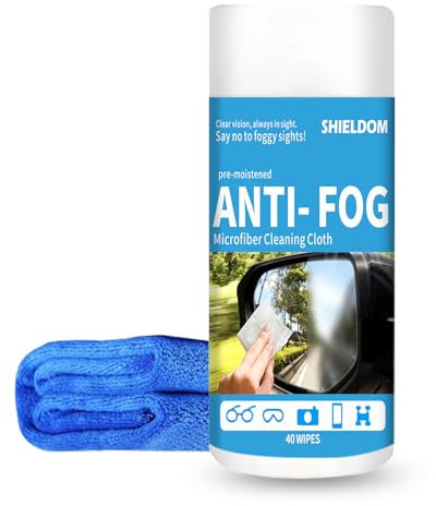 SHIELDOM Anti-Fog Wipes for Glasses Car Windshield Defogger Pre-moistened Lens Cleaner Prevent Fogging for Auto Mirrors Windows Goggles - 40 Wipes/Bottle