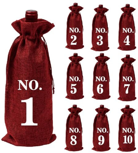 CJKDXDH 10 Pcs Numbered Burlap Wine Bags for Blind Wine Tasting, Wine Gift Bag with Drawstring, Reusable Linen Wine Bottle Covers for Home Storage Wedding Party Decoration (Wine Red)