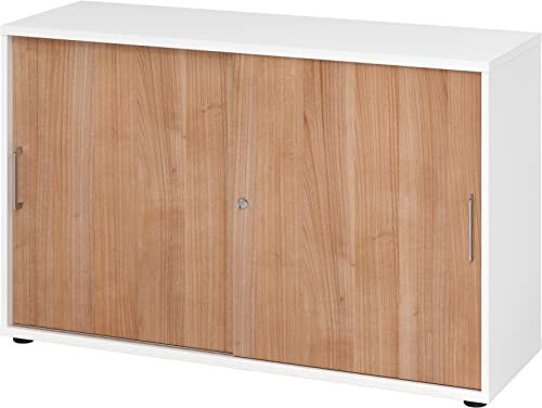 bümö Schiebetürenschrank 2OH - Aktenschrank abschließbar, Sideboard Schrank mit Schiebetüren in Weiß/Nussbaum, Bügelgriff - Büroschrank aus Holz mit Schiebetür, Büro Kommode für Ordner & Co.