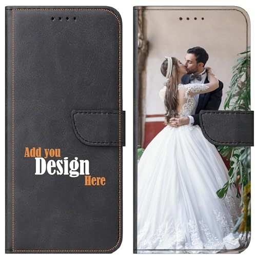 Handyhülle kompatibel mit iPhone 12 Pro Max - Handyhülle aus hochwertigem Kunstleder mit Lasche in schwarz selbst gestalten - Deine Hülle und Dein Design - personalisiert auf der Vorderseite