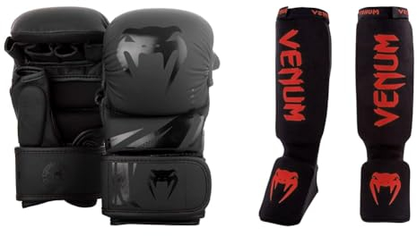 Venum Unisex Handschue Challenger 3.0 MMA Sparring Handschuhe, Schwarz/Schwarz, L-XL EU & Kontact Boxen Schienbeinschützer, Schwarz/Rot, One Size