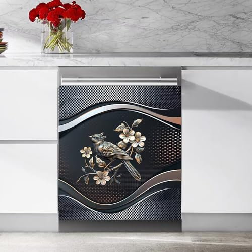 Stainless Steel Design Bird Wreath Painting Magnetic Dishwasher Cover Sticker,Magnet Door Panel Decal,Floral Bird Refrigerator Sticker Kitchen Decor 23W x 26H inchs
