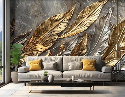 Vlies Tapeten Wandtapete Goldene Feder Wandbild Wohnzimmer Wanddekoration Fototapete 3D Tapete Effekt 200X140Cm