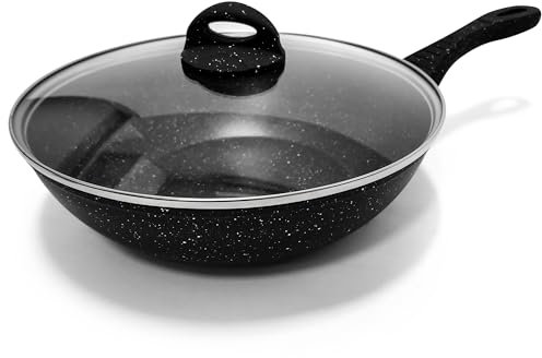 AKH HOUSEWARE Non Stick Wok Deep Frying Pan with Lid Forged Aluminum - Double Handle - Soft Touch - Saute Pan/Deep Stir Fry Pan Induction Compatible (24cm)