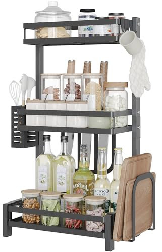 NETEL Étagère à épices debout pour cuisine, organisateur d'épices pour plan de travail, support à épices à 3 étages avec porte-ustensiles, porte-couteaux et crochets, noir