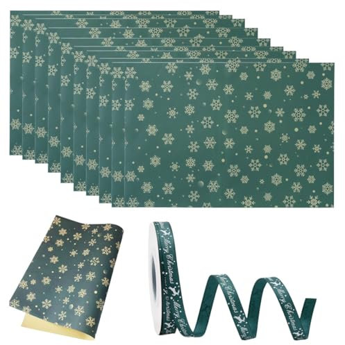 10 feuilles de papier cadeau de Noël vert 50 x 70 cm et 1 rouleau de ruban rouge de 23 m, Rouleau de papier d'emballage cadeau, Imprimé de flocons de neige et d'élans, adapté pour Noël