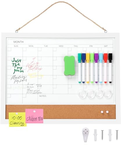 Whiteboard-Kalender und Korktafel für die Wand, magnetisch, 43,2 x 33,2 cm, trocken abwischbar, weiß gerahmt, 2-in-1-Whiteboard-Kombination, Küchenplaner, Bürokalender, Unterrichtsplaner
