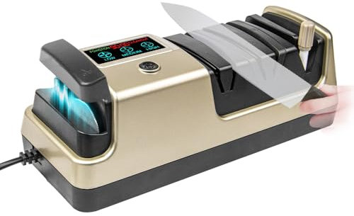 BAUSATZ 3-Stage Professional Electric Knife Sharpener with 100% Diamond Abrasives, 3-Speed Variable LCD Screen for Straight, Serrated, Ceramic Knife, Scissor & Axe