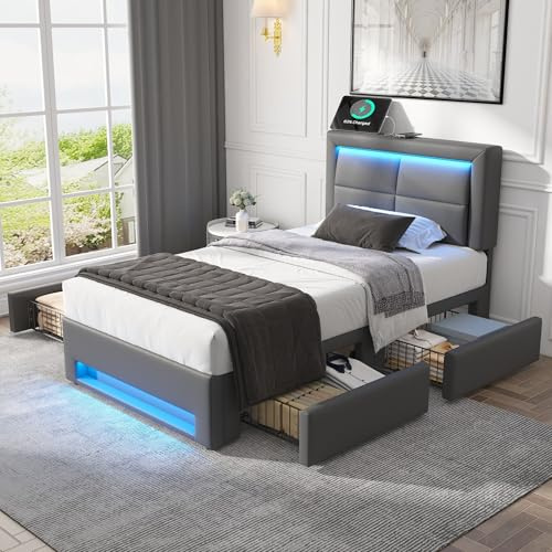 Polsterbett Einzelbett 90x200, Stauraumbett Jugendbett with 4 Schubladen Stauraum & Lattenrost, Funktionsbett Bettgestell mit USB Kabelloses Ladefunktion & LED Beleuchtung, PU, Ohne Matratze, Grau