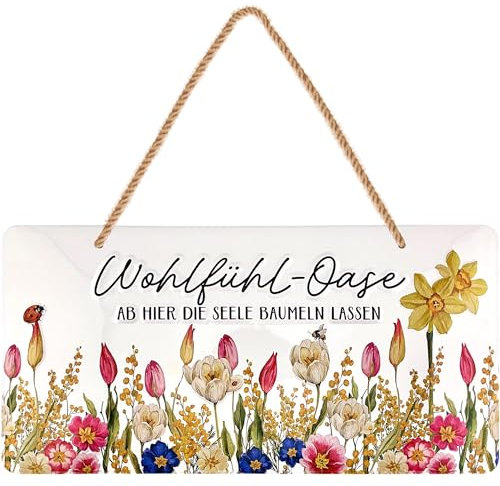 LANOLU Schild Lieblingsplatz Outdoor- Wohlfühl-Oase Schild Garten - Deko Garten Vintage Schilder, Metallschild mit Jutekordel 16x32cm