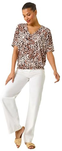 Roman Originals Blouson Top for Women Ladies Bubble Hem Stretchy Jersey Puff Sleeve Summer Smart Casual Office Work Spring Everyday Evening Vacation Work Holiday V Neck - Tan - Size 20