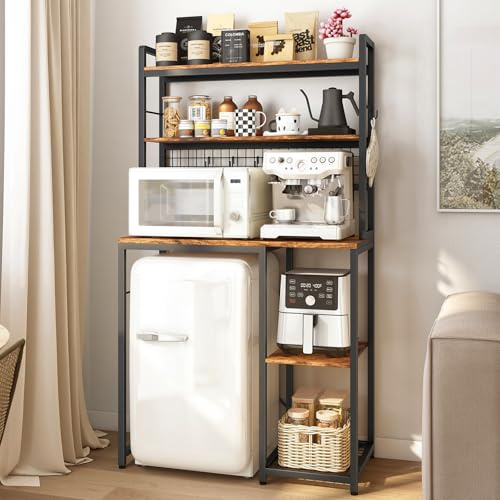 GUULIBERA Multi-Functional Mini Fridge Stand, Mini Fridge and Microwave Storage Shelves with Power Outlet, Large Bakers Rack and Storage for Kitchen Appliances, Perfect for Dorm Kitchen Coffee Bar