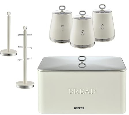 GEEPAS Retrovive Tea Coffee Sugar Canister, Bread Bin, Mug Tree & Towel Pole Set | 13L Bread Box 1.4L Airtight Canister Set | Carbon Steel Build Kitchen Counter Storage Space Saver | Cream