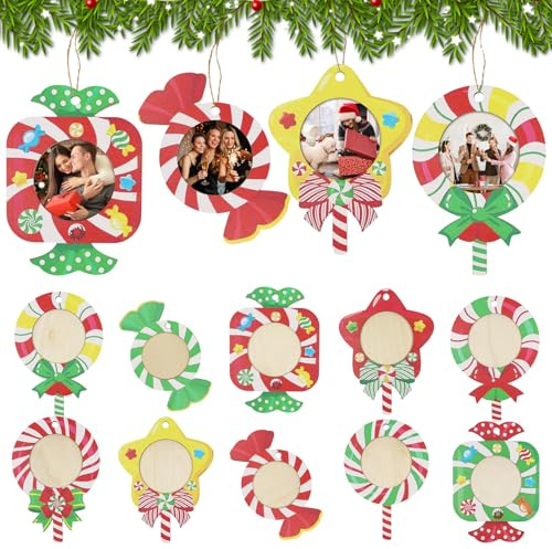 10 Stück Weihnachten Bilderrahmen, Fotorahmen Anhänger Weihnachten Holz, Bilderrahmen Holz Set, Weihnachtsbaum Anhänger, Holzanhänger zum bemalen für Weihnachtsbaumschmuck Tannenbaum Weihnachtsdeko