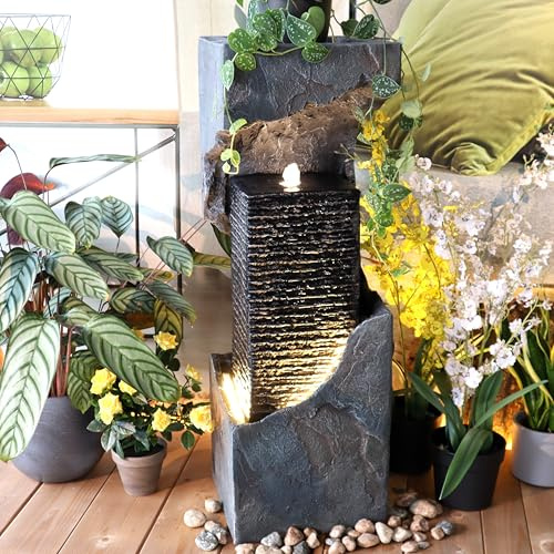 Wacredo Premium Wasserspiel Komplettset Nepal 90cm Zimmerbrunnen | Indoorbrunnen Springbrunnen Quellstein traditionell für Wohnraum und Garten mit 2X LED Bändern + 1X LED Spots handbemalt