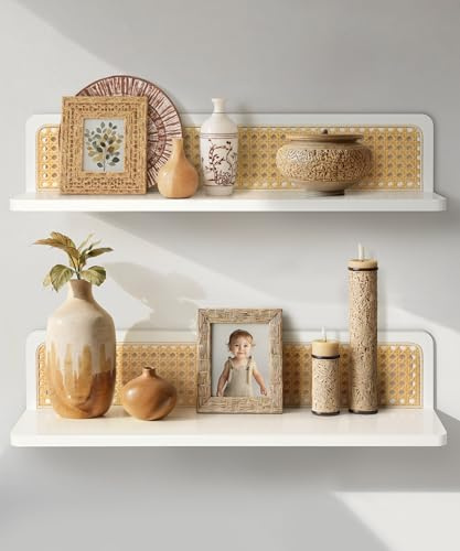 Mazjoaru Wandregal Weiß Boho, 60 cm Regal Wand Mit Rattan-Deko, 2Er-Set | Wood Mit Pflegeleichtem PP-Rattan Verbindet Boho-Optik Und Stauraum; Zur Wandmontage Für Deko Im Wohn- Oder Schlafzimmer.