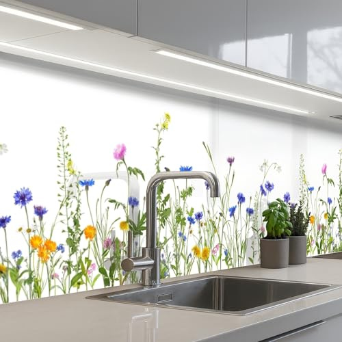 KitchenYeah© Spritzschutz Küchenrückwand Küche Abwaschbar Selbstklebend | 60x300 cm - Küchenwand Küchenfront Küchen Rückenwand Wandschutz Blumen - Feldblumen - Frühling