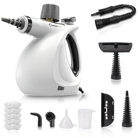 SakerPlus Dampfdesinfektionsreiniger, Handdampfgarer mit 9-teiligem Zubehör für die Reinigung von mehreren Oberflächen, natürliche Desinfektion für Küche, Boden (1 x Dampfreiniger-Set + 4 Fasertücher)