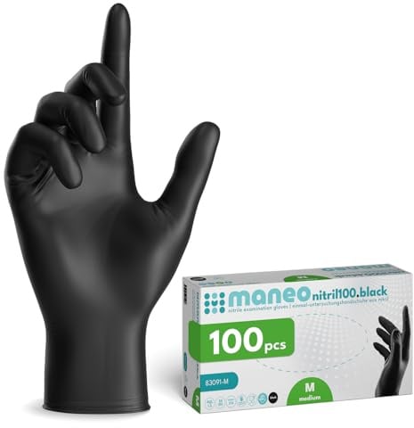 maneo 100x Einweghandschuhe Schwarz, Nitril Handschuhe puderfrei M | Einmalhandschuhe, Handschuhe Einweg, latexfreie Gummihandschuhe, Nitrilhandschuhe, Putz-, Koch- & Haushalts-Handschuhe