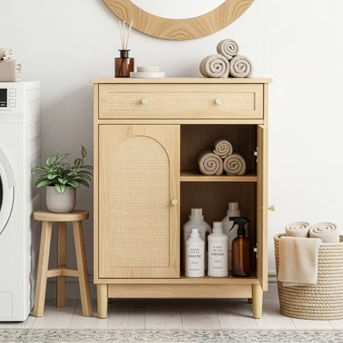 LEADZM Rotin Meuble de Salle de Bain, Meuble de Rangement, Armoire sur Pied, avec 1 Tiroirs 2 Porte, pour Salle de Bain, Salon, Salle à Manger, 60 x 30 x 80 cm