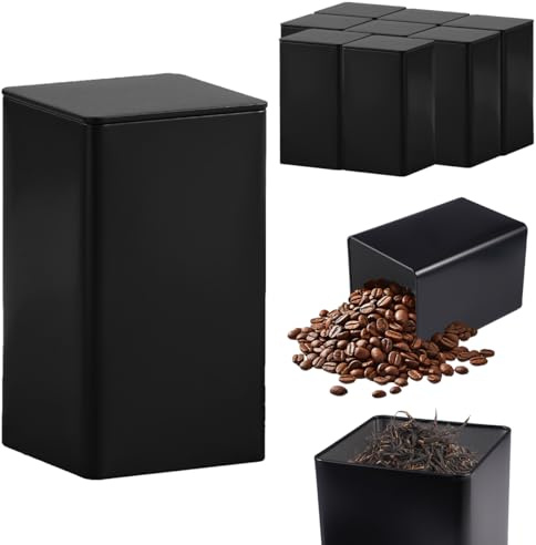 8 Pezzi Classici Contenitori Rettangolari per Tè Sfuso 150 g, 135×85×85 mm (H, B, T) Barattoli per Tè di Metallo con Coperchio, Nera Porta Tisane Sfuse, Chicchi di Caffè, Riso o Spezie Cucina