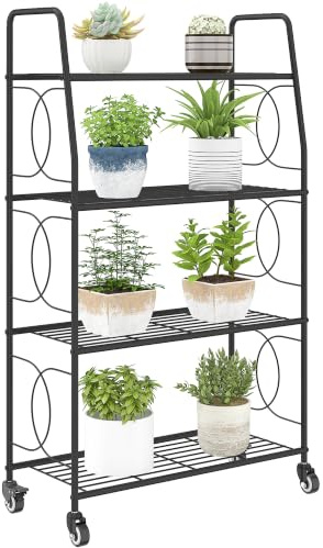 Outsunny Étagère à Fleurs Extérieur 4 Niveaux Roues 67x29x114 cm Noir | Intérieur, Support de Plantes, Étagère à Plantes, Jardin, Balcon, Salon