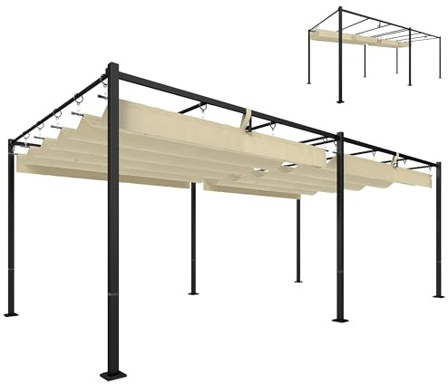 Outsunny Gazebo Pergola 5.7x2.95 m, Pergolato da Giardino con Tettuccio Retrattile Scorrevole, Fori di Drenaggio, in Poliestere e Metallo, Pergola per Esterno, Patio, Terrazzo, UV50+, Beige