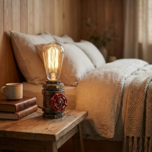 Alpinaluz Tischlampe E27 Rohr Retro-Industrial mit rotem Ventil | Kompaktes Design in Schwarz und Altgold für Schlafzimmer, Schreibtisch, Regal, Bar oder Vintage-Deko