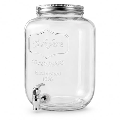 CIA&CO Dispensador de Bebidas de Vidrio 8 L con Grifo | Tarro Retro para Agua, Limonada, Sangría y Cócteles | Boca Ancha y Tapa Metálica | Para Bodas, Camping, Buffet y Restaurante